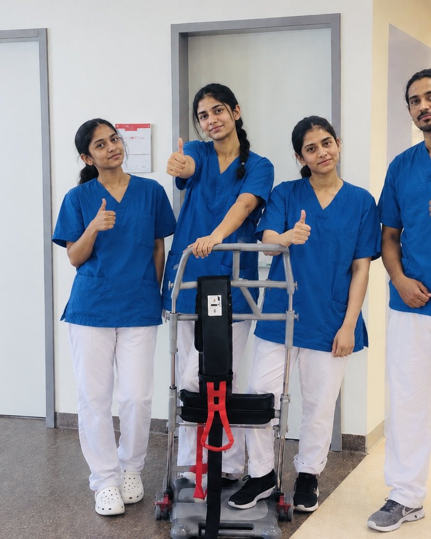 Four trainees in blue scrubs giving a thumbs-up beside a patient transfer chair in a clinic corridor.