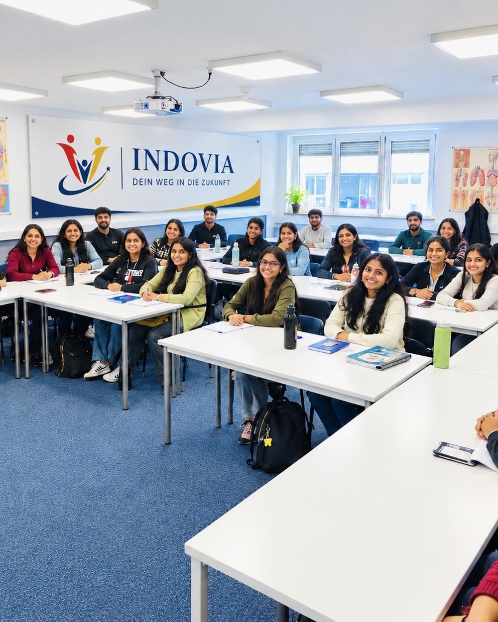 Kursteilnehmerinnen und Kursteilnehmer sitzen an Tischen im Schulungsraum von INDOVIA.